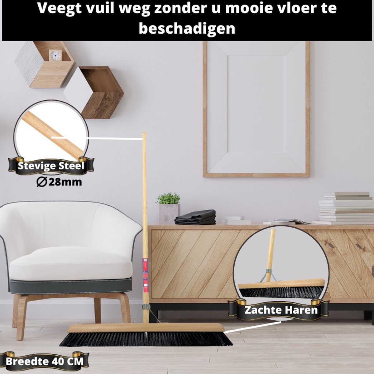 Synx Tools Paardenhaar Zaalveger 40 cm - Inclusief steel 150 cm - Afbeelding 3